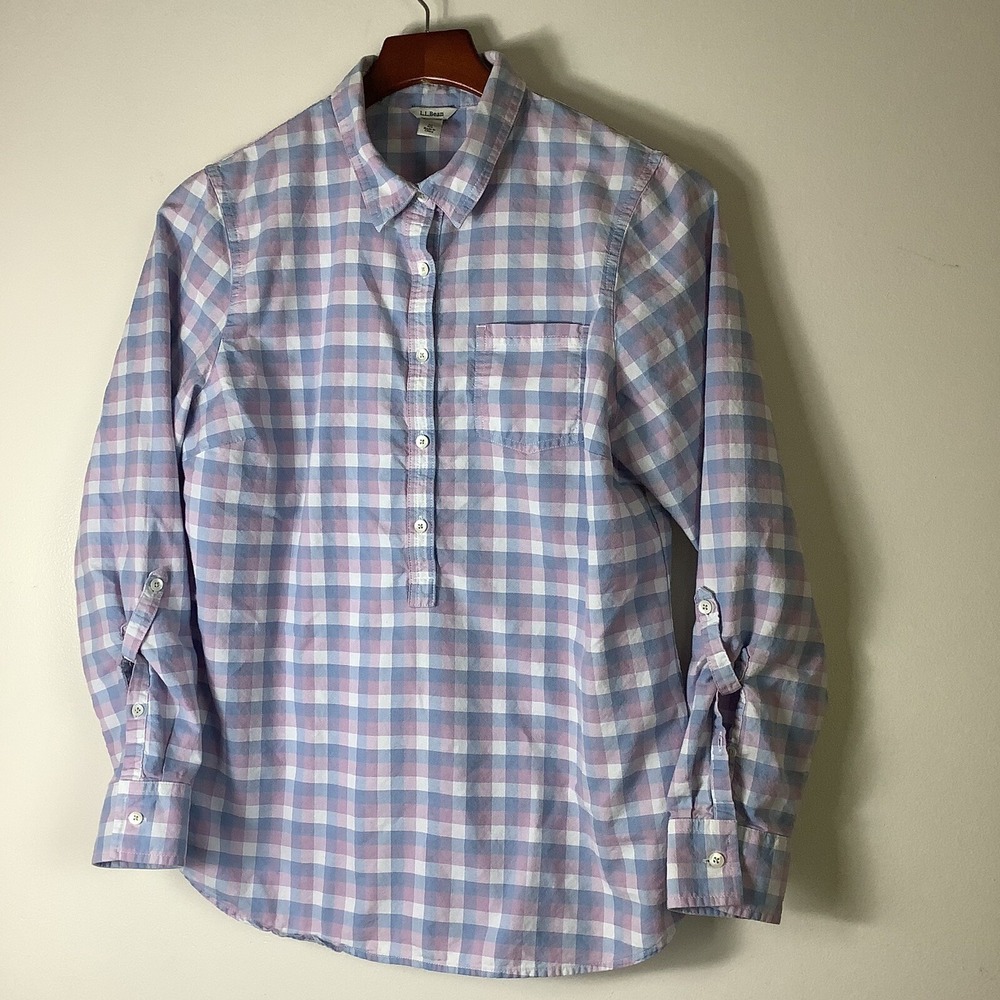 LL Bean Half Button Pullover Hidden Women's Plaid Shirt Size Medium 100% Cotton